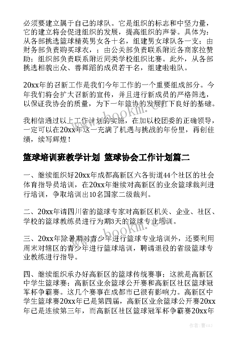 篮球培训班教学计划 篮球协会工作计划