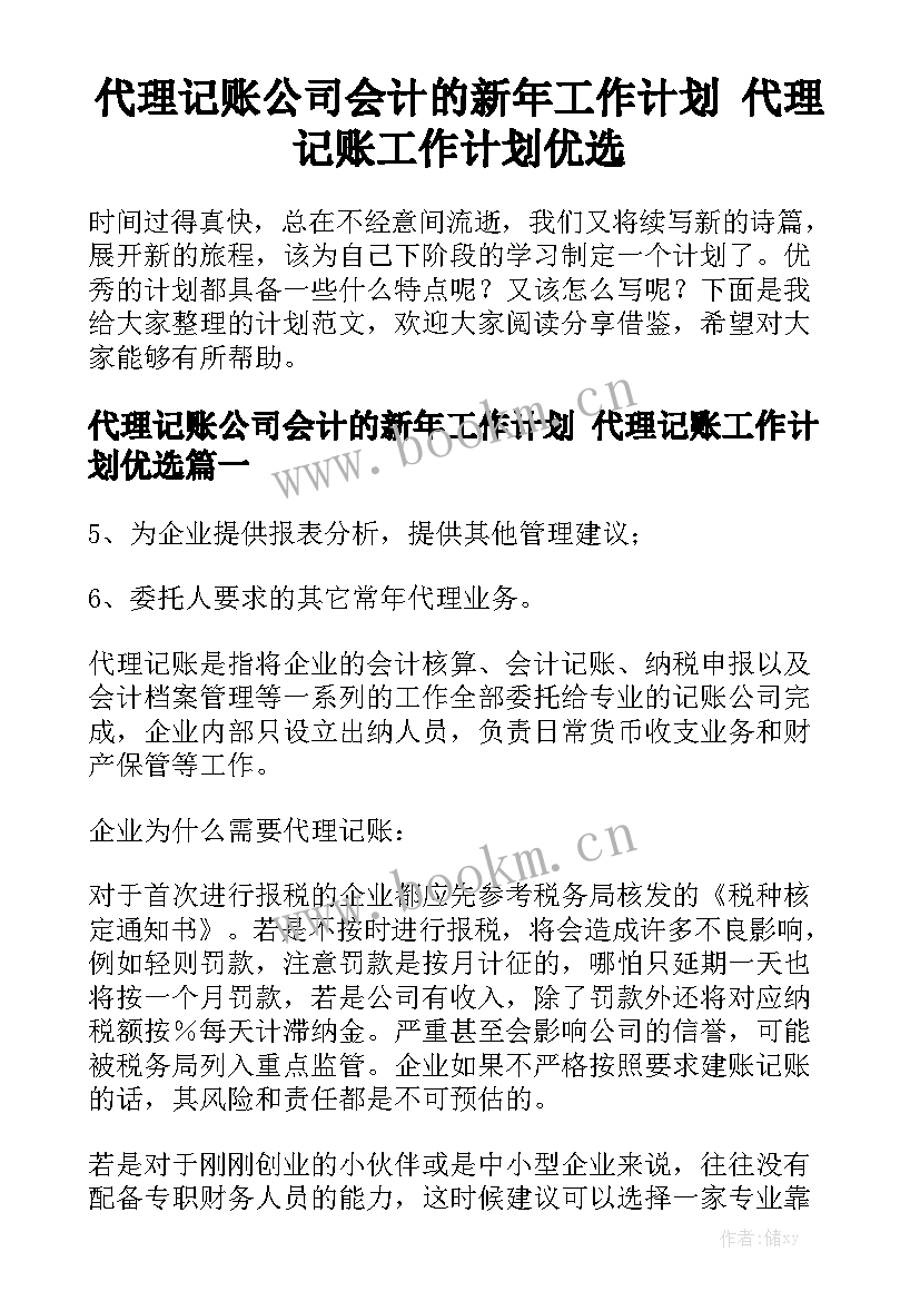 代理记账公司会计的新年工作计划 代理记账工作计划优选