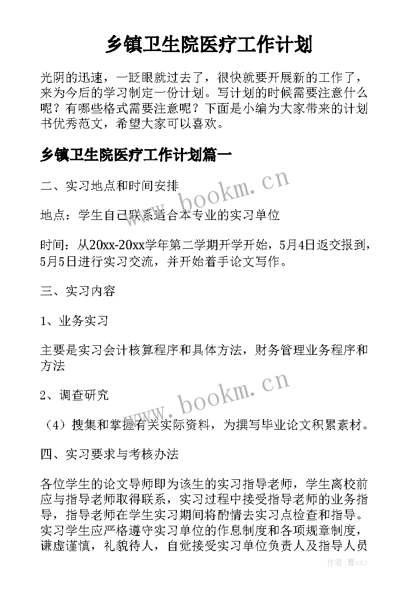 乡镇卫生院医疗工作计划