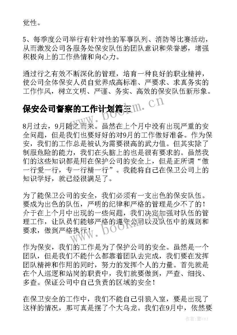 保安公司督察的工作计划