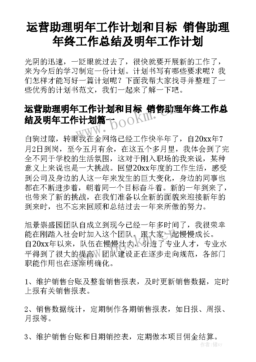 运营助理明年工作计划和目标 销售助理年终工作总结及明年工作计划