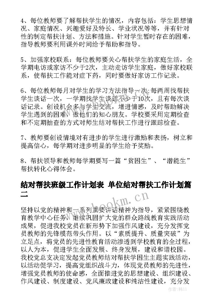 结对帮扶班级工作计划表 单位结对帮扶工作计划