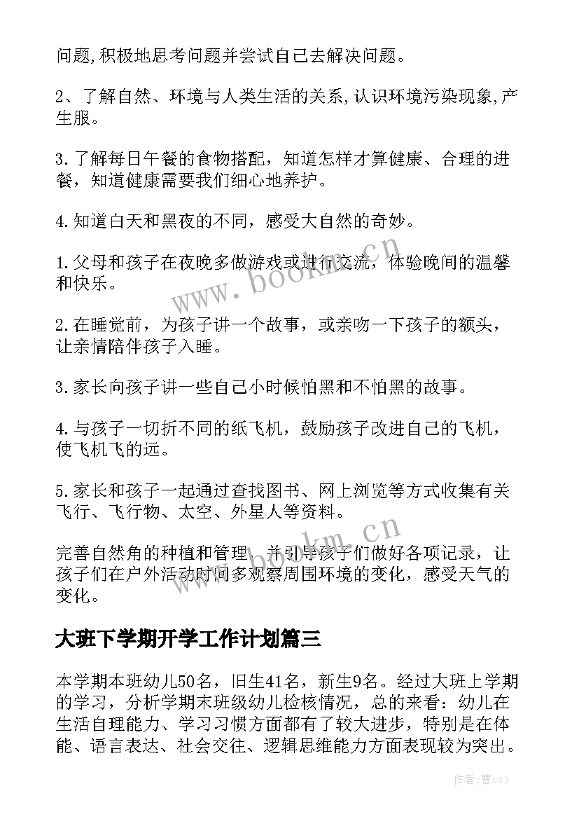 大班下学期开学工作计划