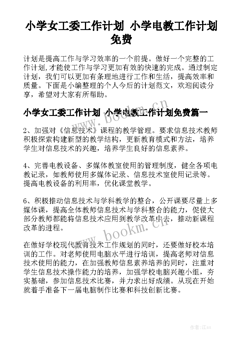 小学女工委工作计划 小学电教工作计划免费