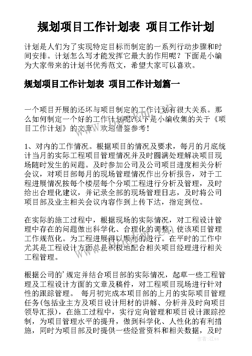 规划项目工作计划表 项目工作计划