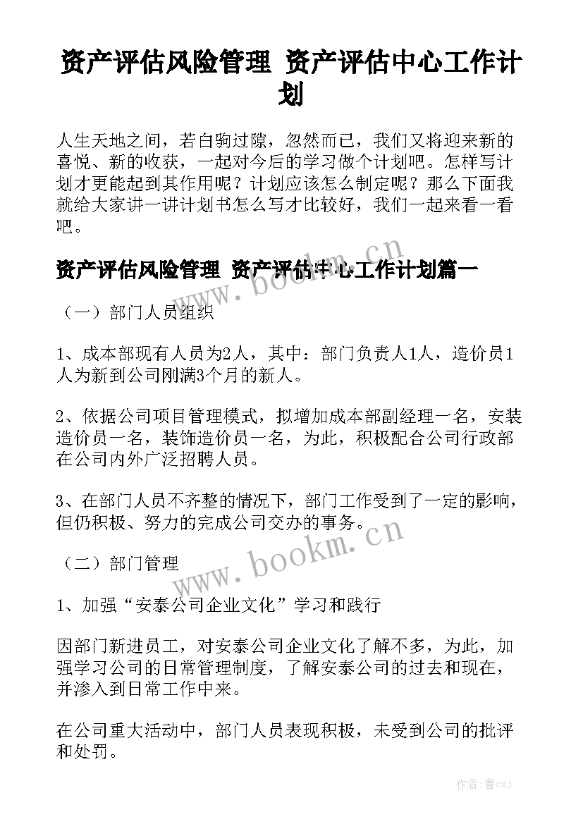 资产评估风险管理 资产评估中心工作计划