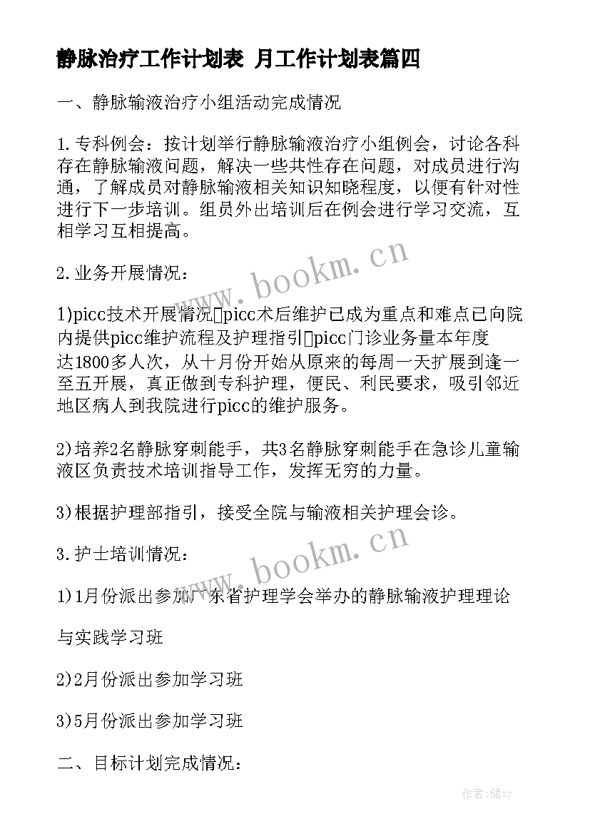 静脉治疗工作计划表 月工作计划表