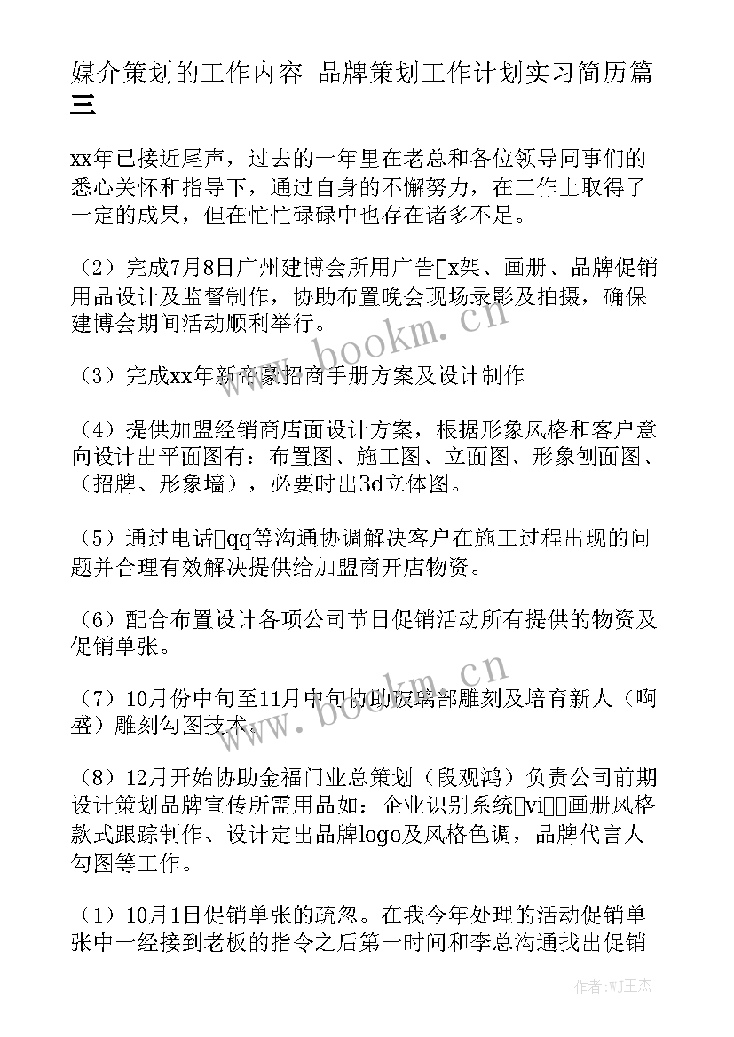 媒介策划的工作内容 品牌策划工作计划实习简历