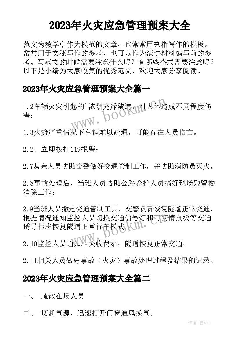 2023年火灾应急管理预案大全