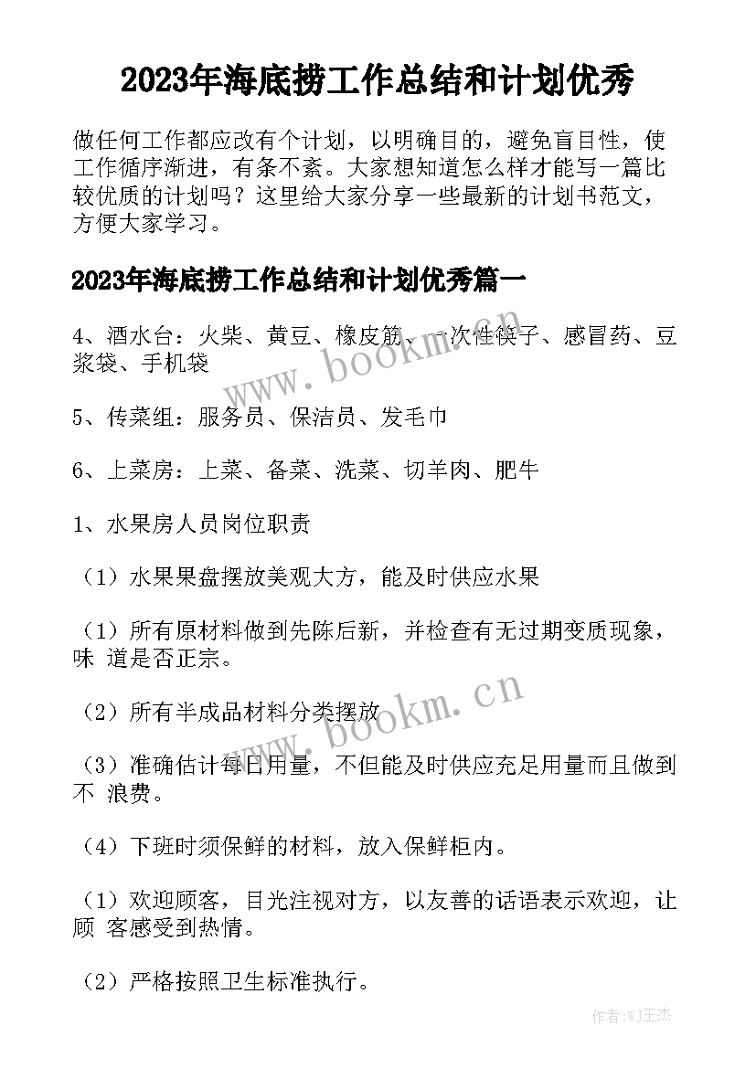 2023年海底捞工作总结和计划优秀