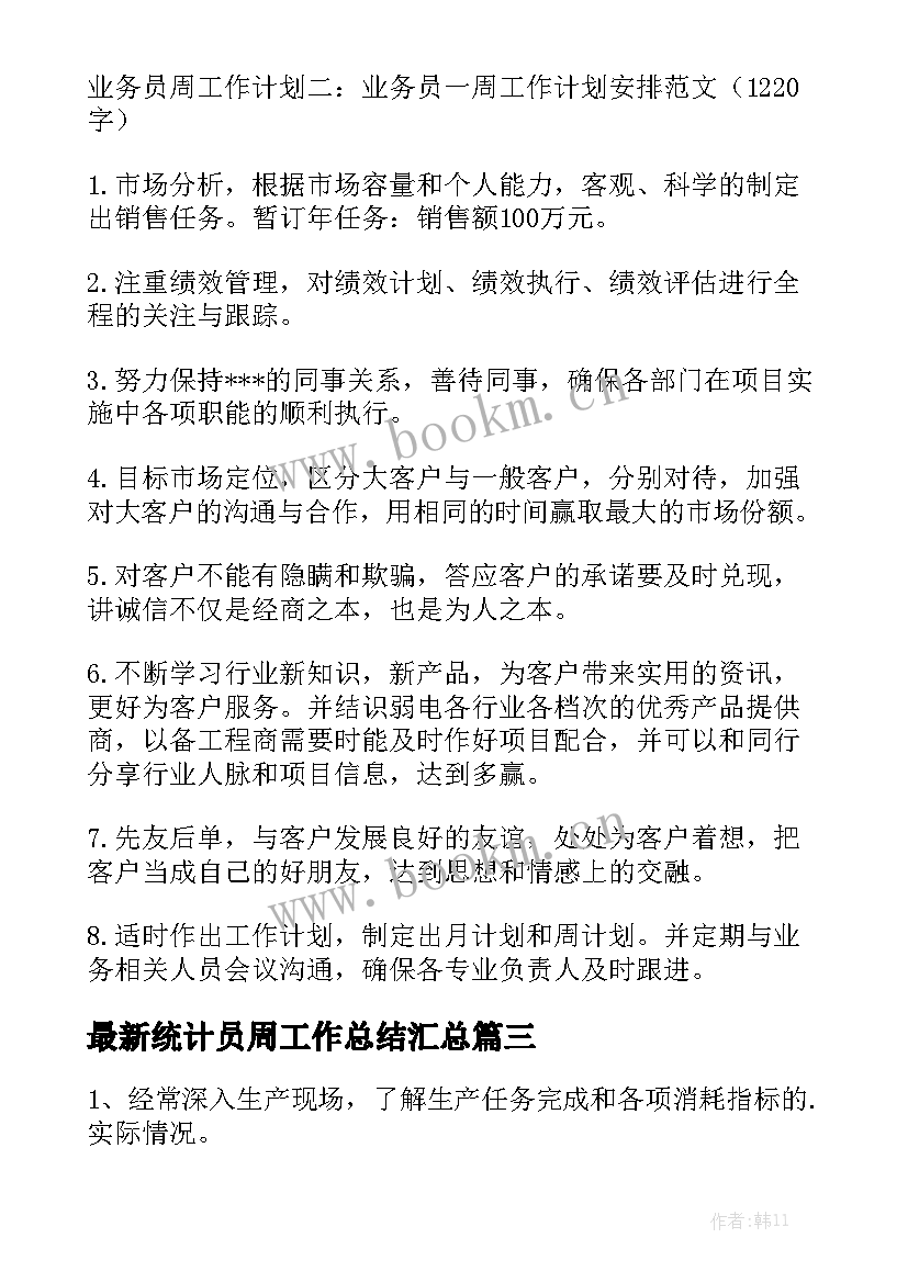 最新统计员周工作总结汇总