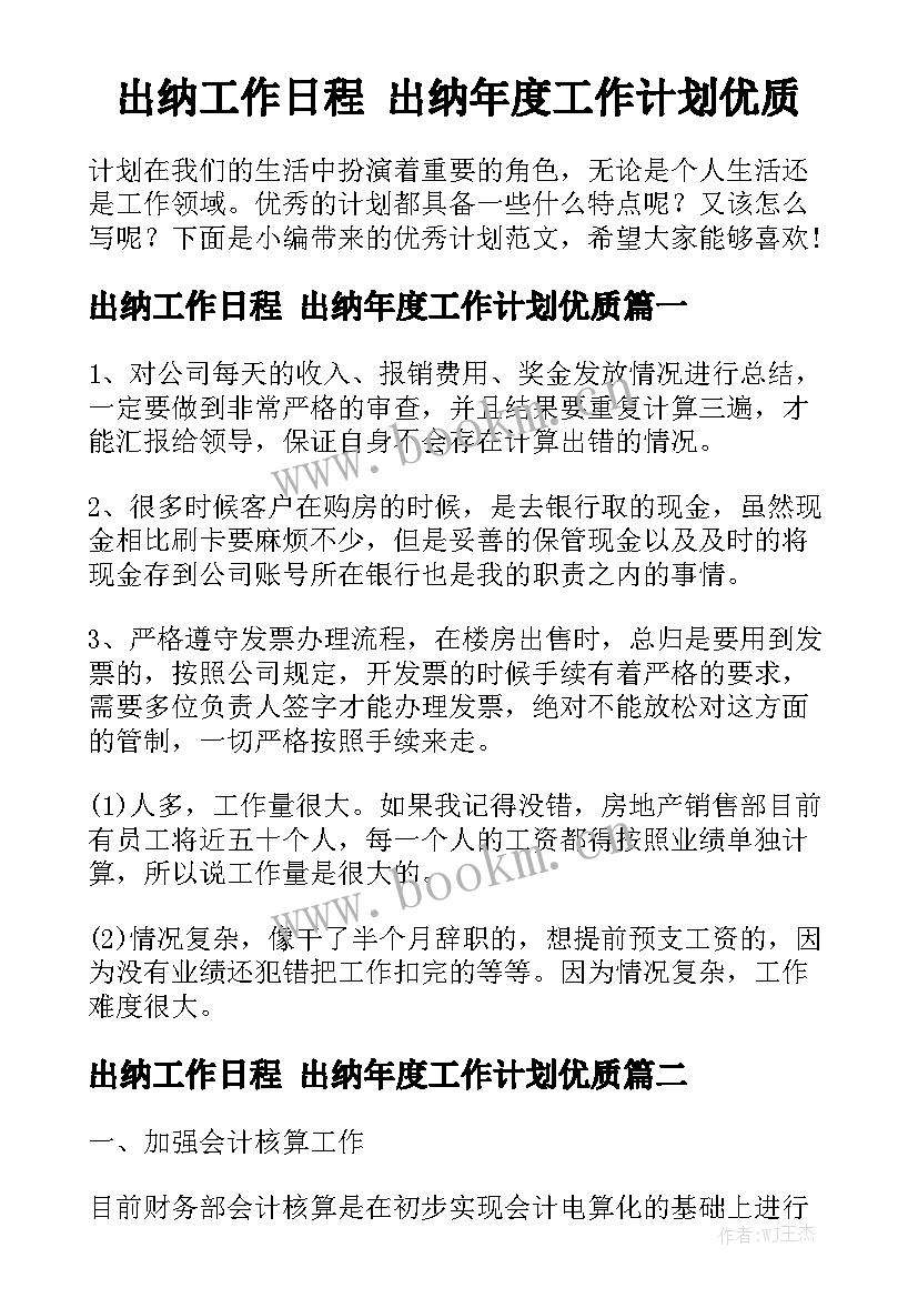 出纳工作日程 出纳年度工作计划优质