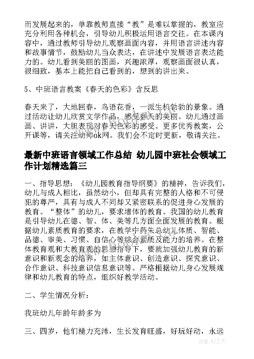 最新中班语言领域工作总结 幼儿园中班社会领域工作计划精选