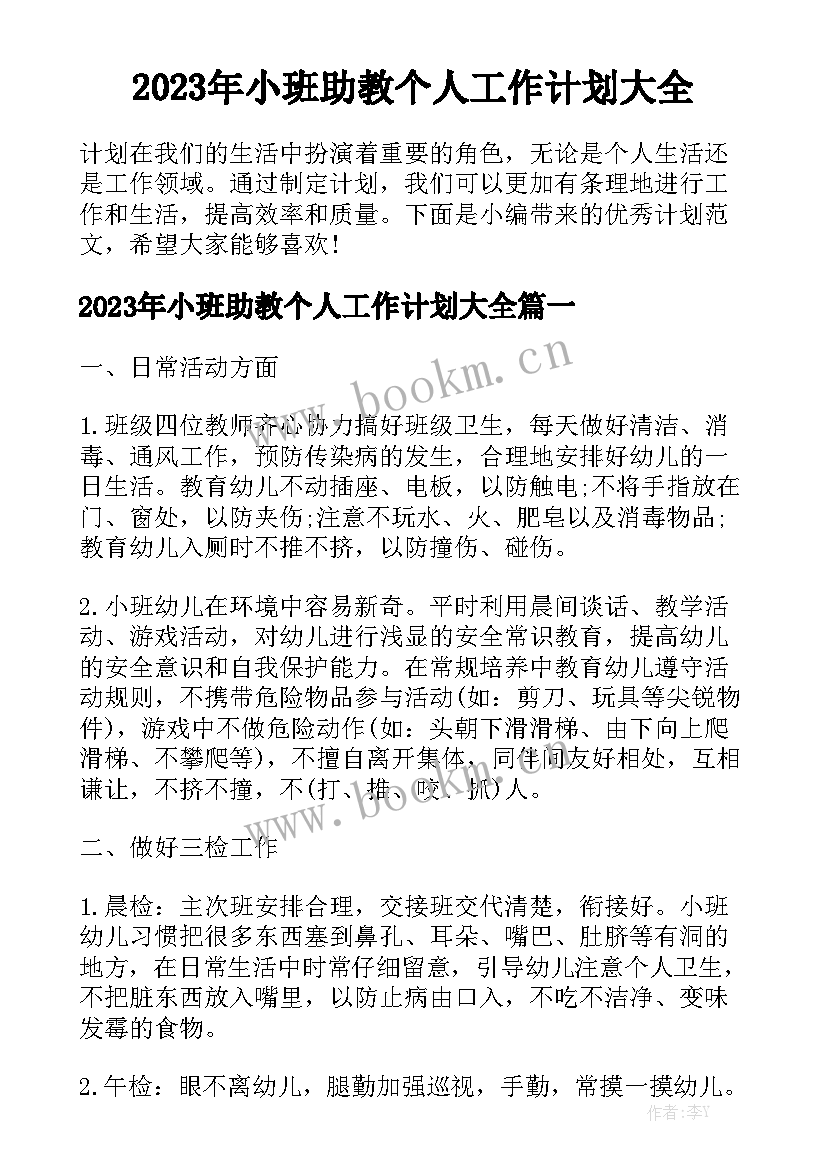 2023年小班助教个人工作计划大全