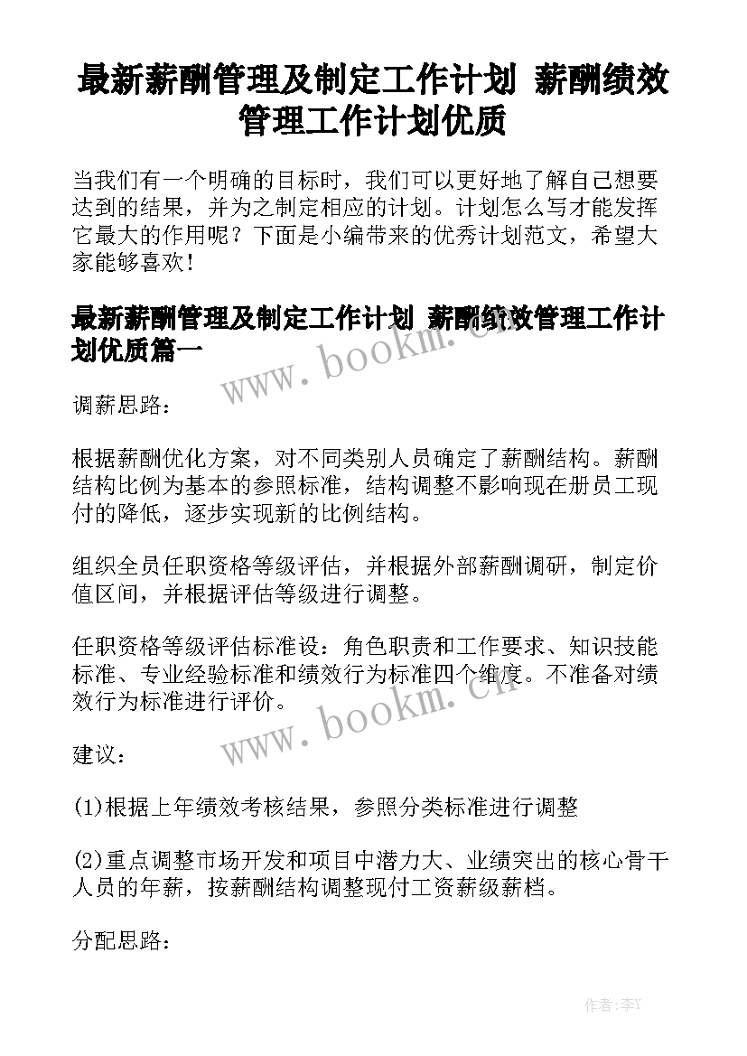 最新薪酬管理及制定工作计划 薪酬绩效管理工作计划优质