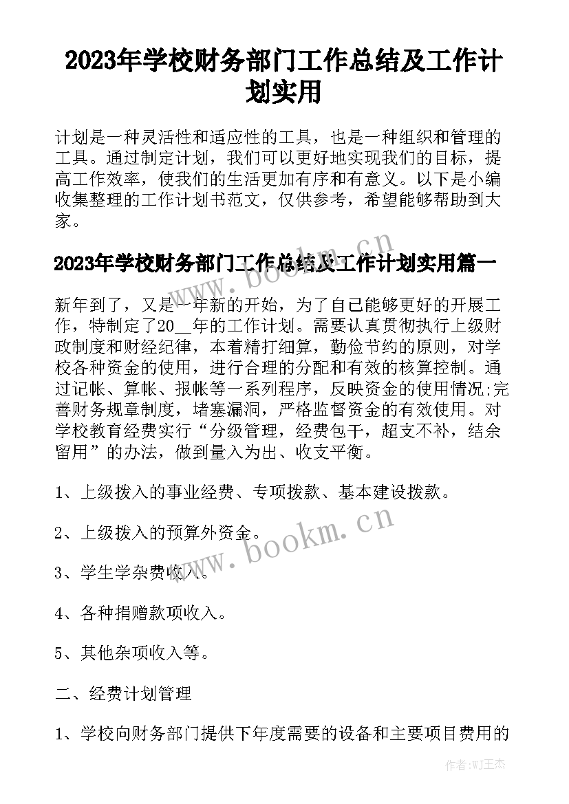 2023年学校财务部门工作总结及工作计划实用