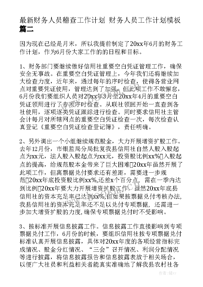 最新财务人员稽查工作计划 财务人员工作计划模板