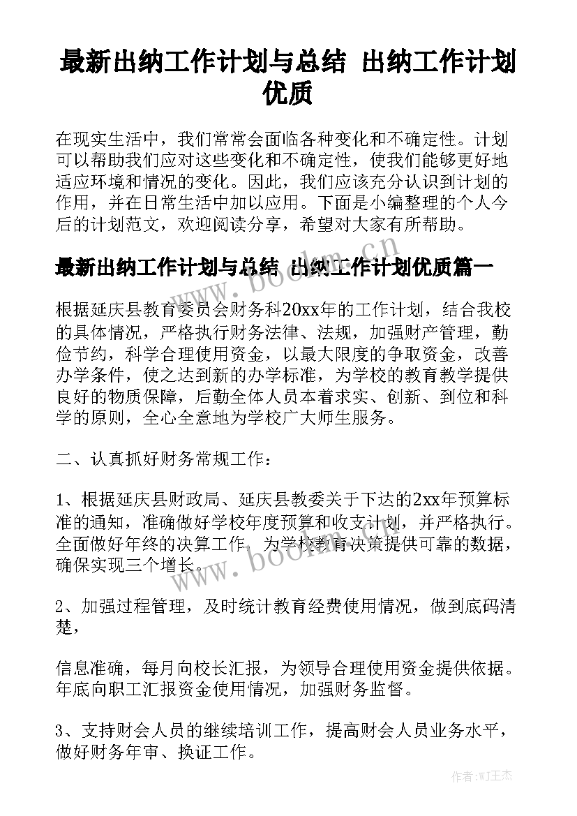 最新出纳工作计划与总结 出纳工作计划优质