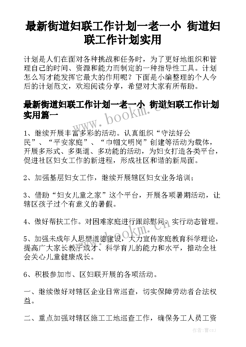 最新街道妇联工作计划一老一小 街道妇联工作计划实用