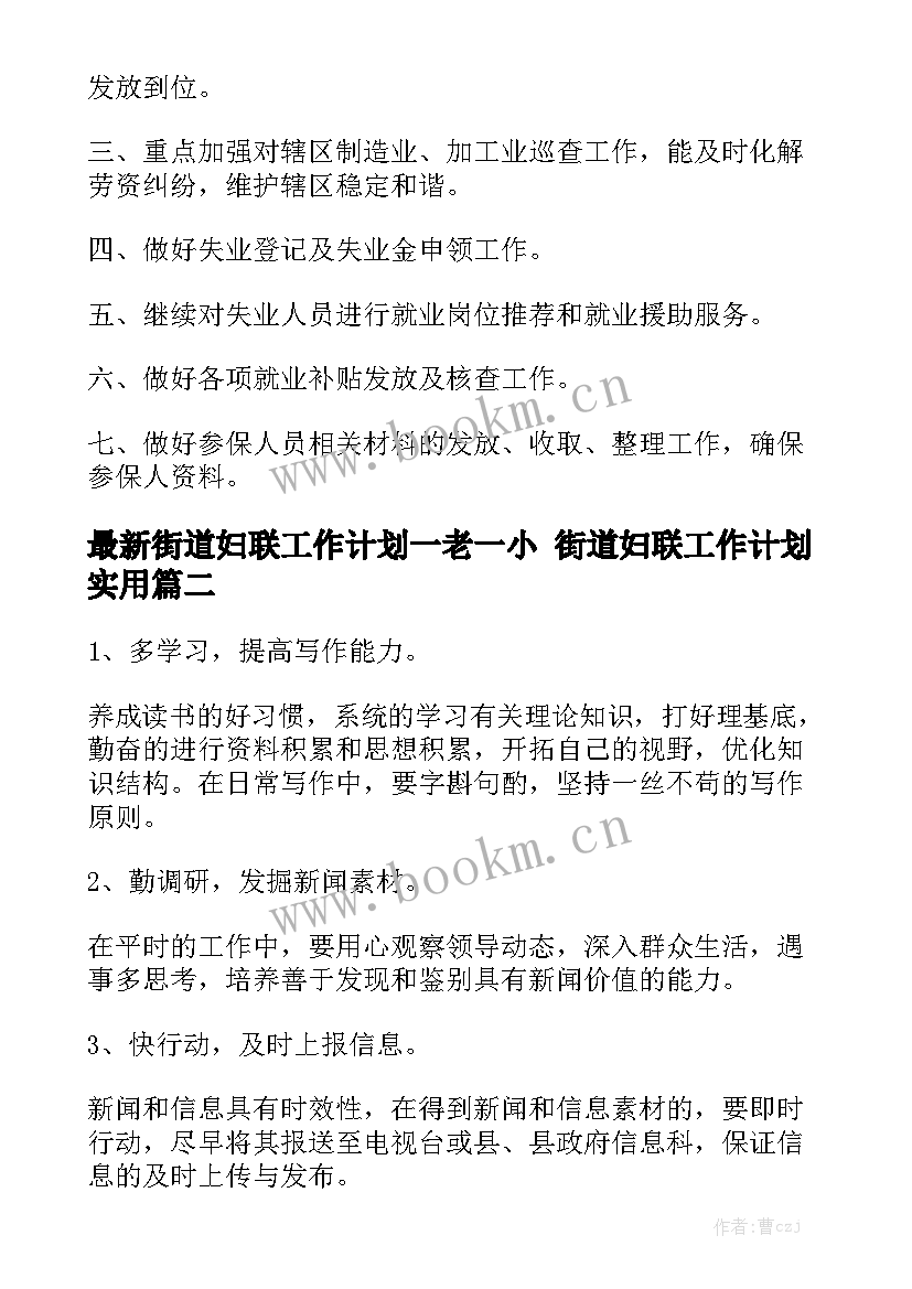 最新街道妇联工作计划一老一小 街道妇联工作计划实用