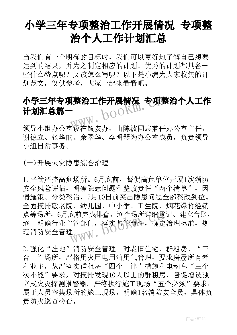 小学三年专项整治工作开展情况 专项整治个人工作计划汇总