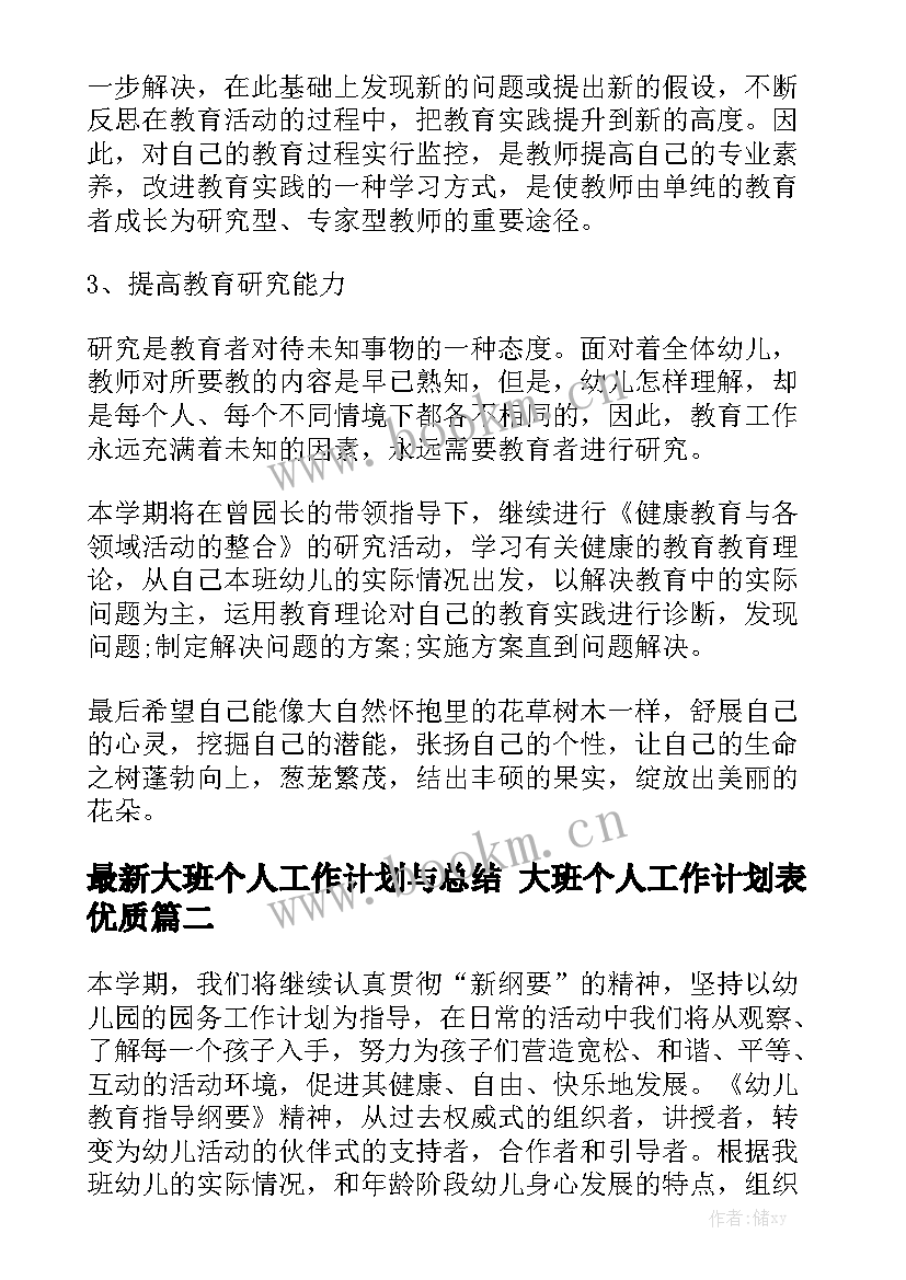 最新大班个人工作计划与总结 大班个人工作计划表优质