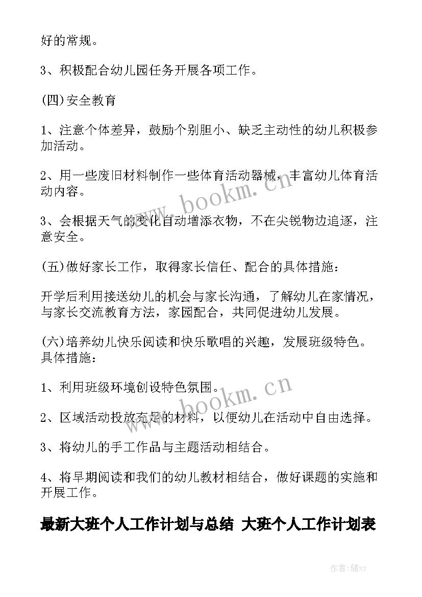 最新大班个人工作计划与总结 大班个人工作计划表优质