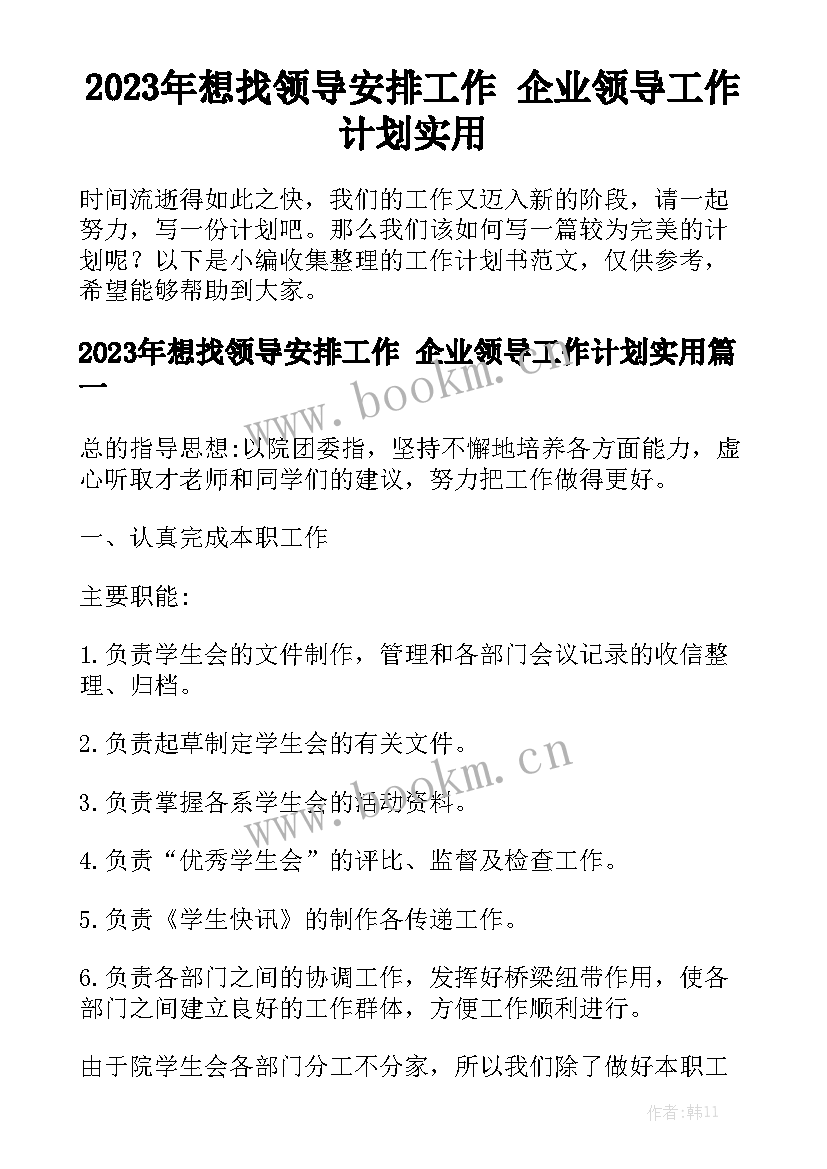 2023年想找领导安排工作 企业领导工作计划实用