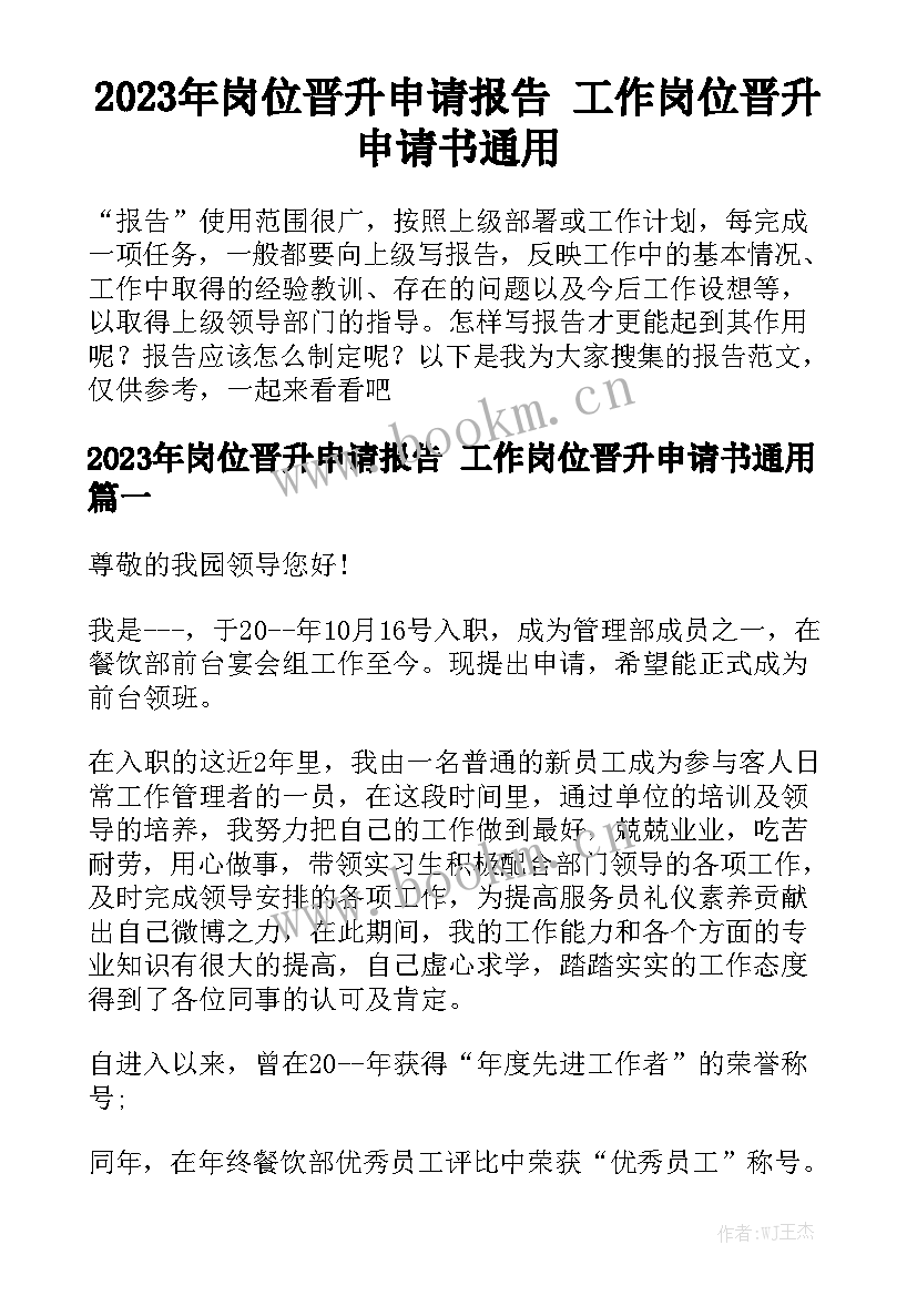 2023年岗位晋升申请报告 工作岗位晋升申请书通用