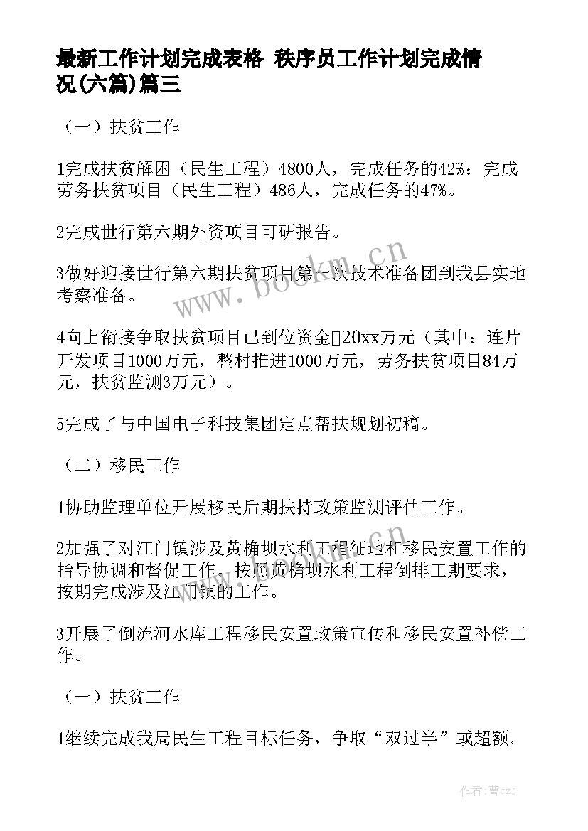 最新工作计划完成表格 秩序员工作计划完成情况(六篇)