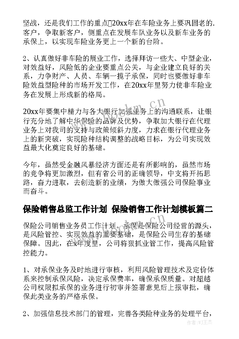 保险销售总监工作计划 保险销售工作计划模板