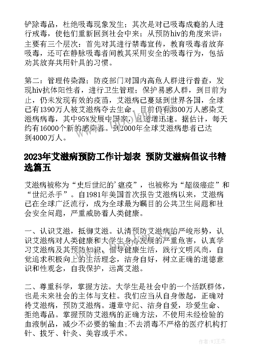 2023年艾滋病预防工作计划表 预防艾滋病倡议书精选