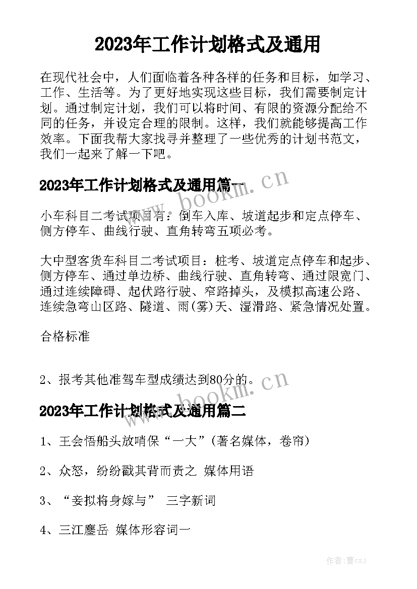 2023年工作计划格式及通用