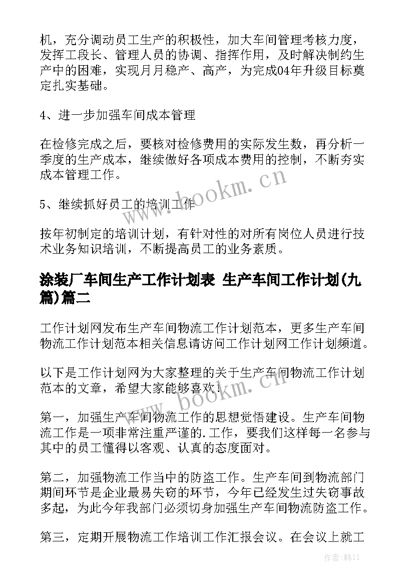 涂装厂车间生产工作计划表 生产车间工作计划(九篇)