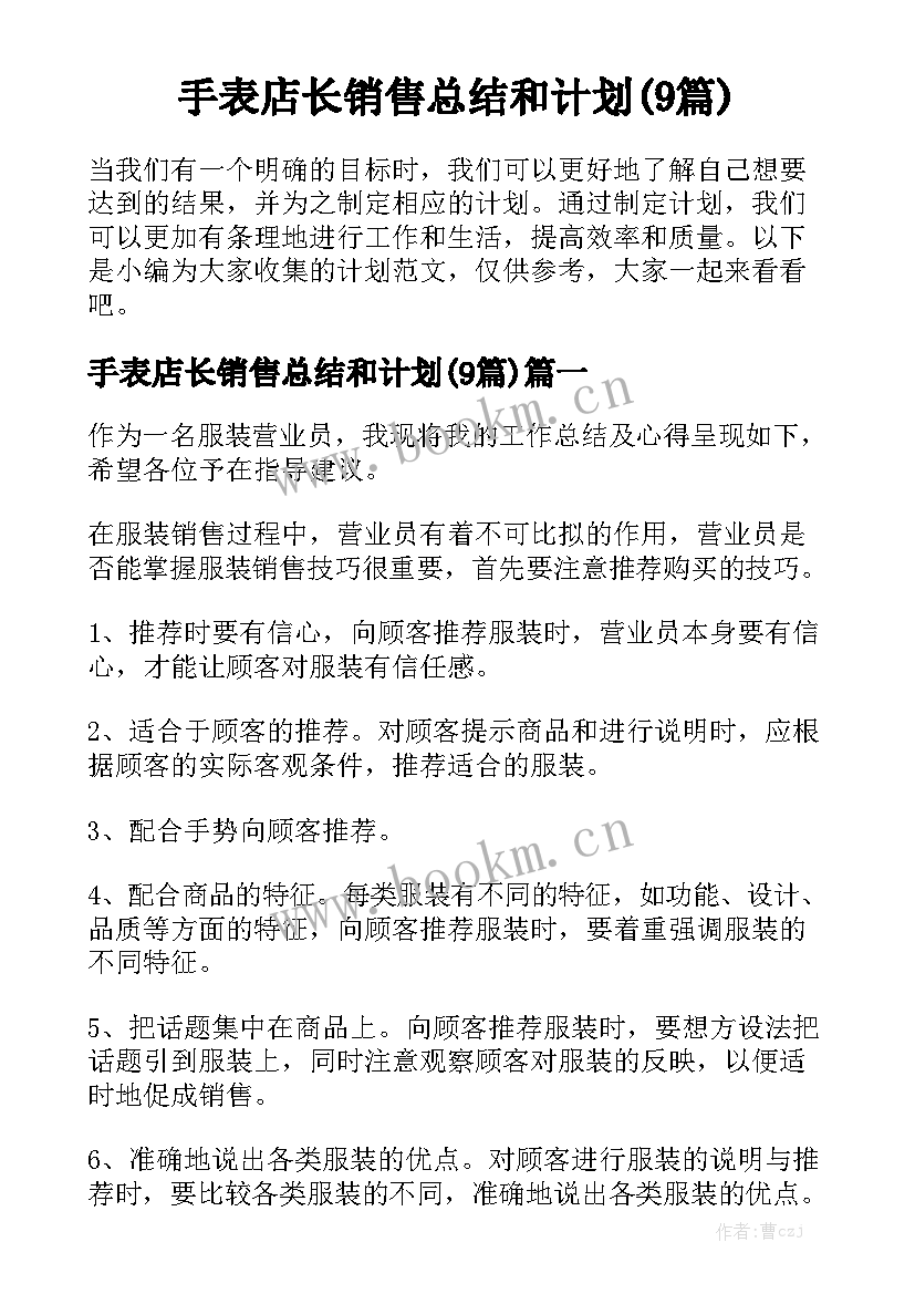 手表店长销售总结和计划(9篇)