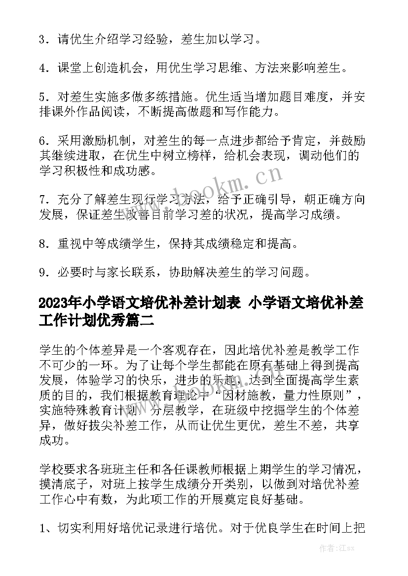 2023年小学语文培优补差计划表 小学语文培优补差工作计划优秀