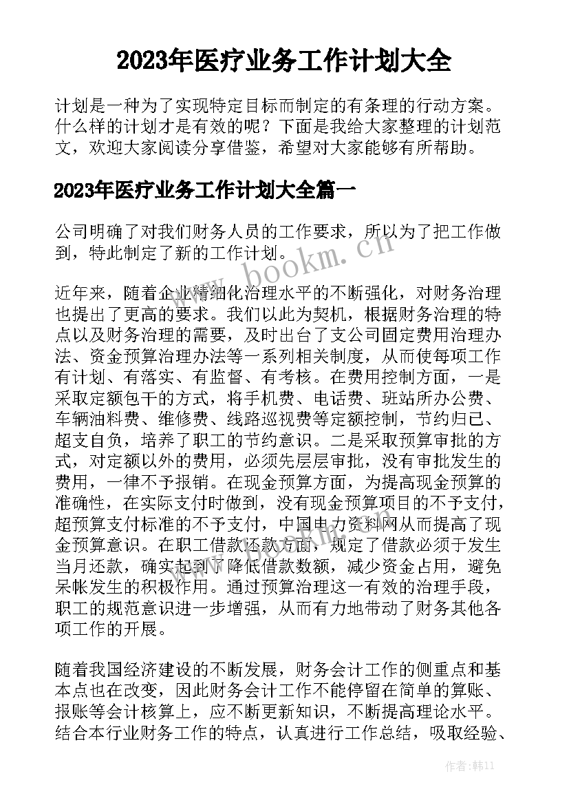 2023年医疗业务工作计划大全