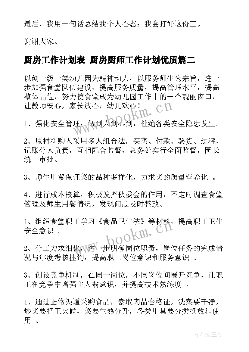 厨房工作计划表 厨房厨师工作计划优质