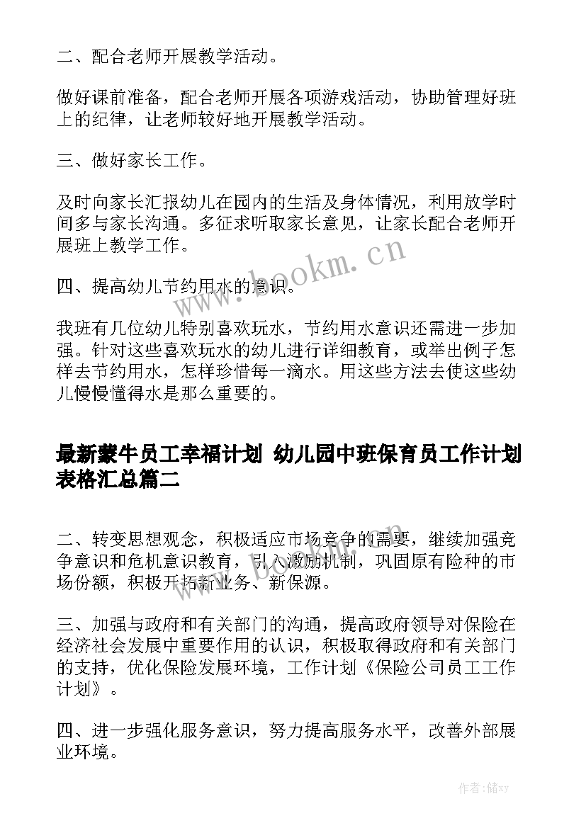 最新蒙牛员工幸福计划 幼儿园中班保育员工作计划表格汇总