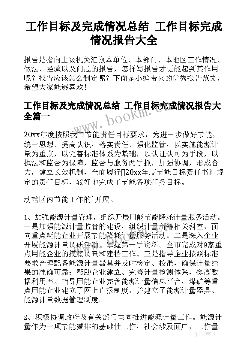 工作目标及完成情况总结 工作目标完成情况报告大全