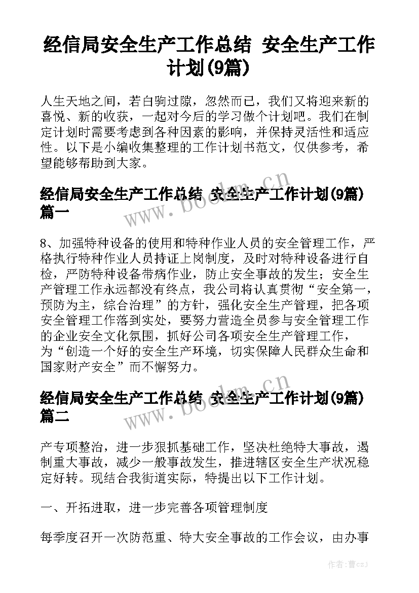 经信局安全生产工作总结 安全生产工作计划(9篇)