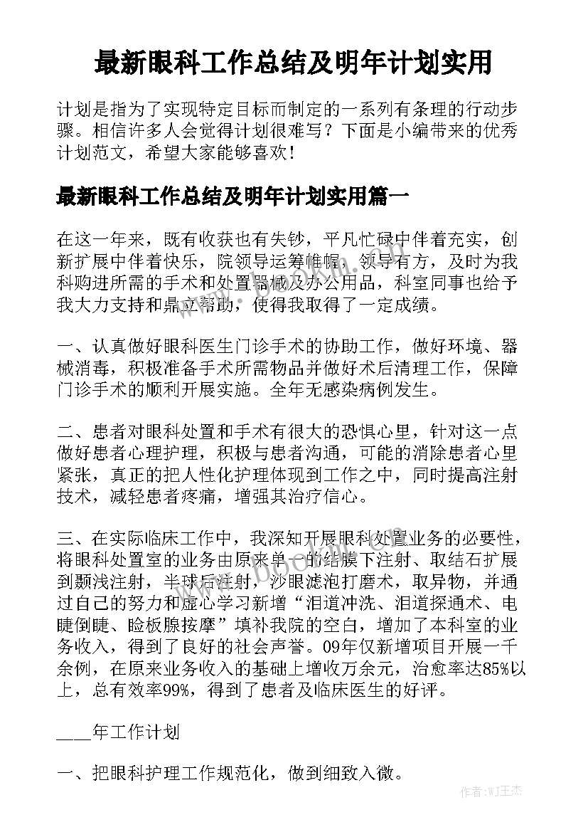 最新眼科工作总结及明年计划实用