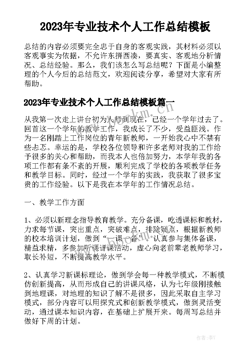 2023年专业技术个人工作总结模板