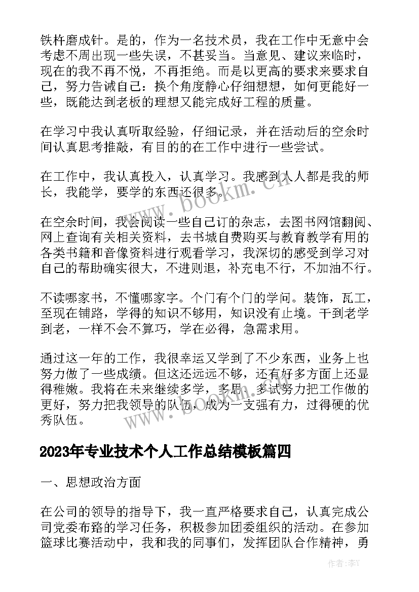 2023年专业技术个人工作总结模板