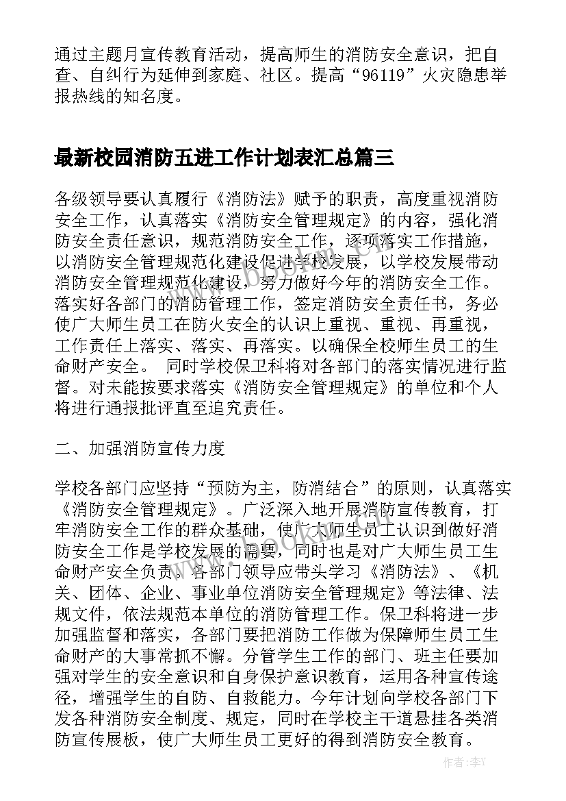 最新校园消防五进工作计划表汇总