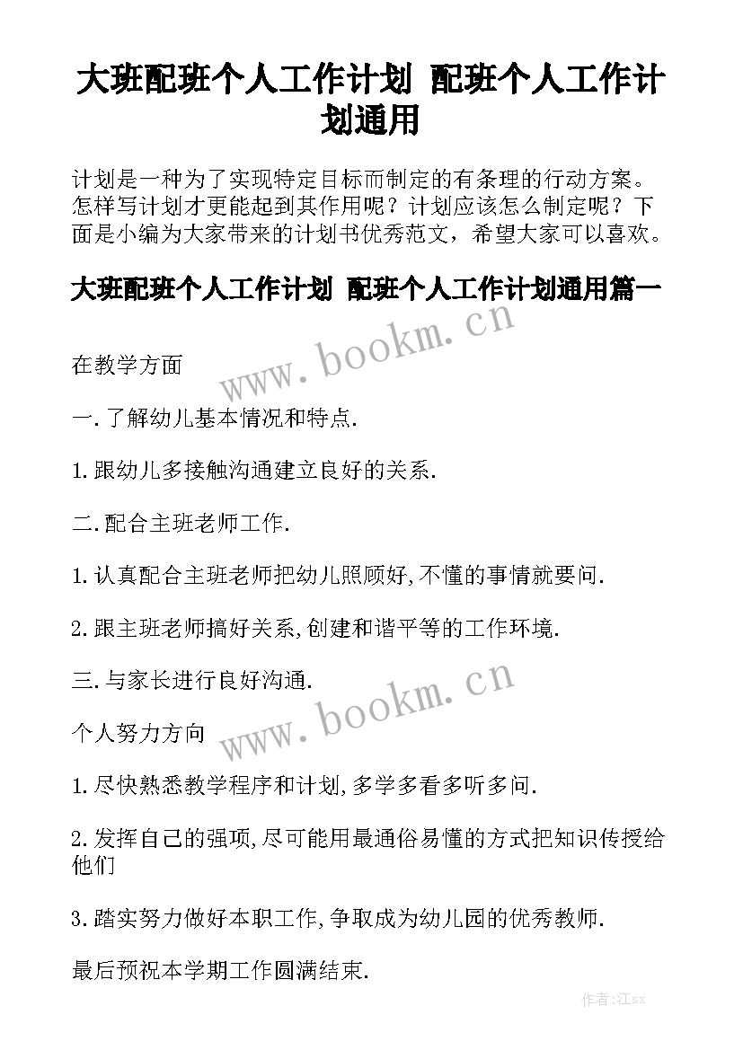 大班配班个人工作计划 配班个人工作计划通用