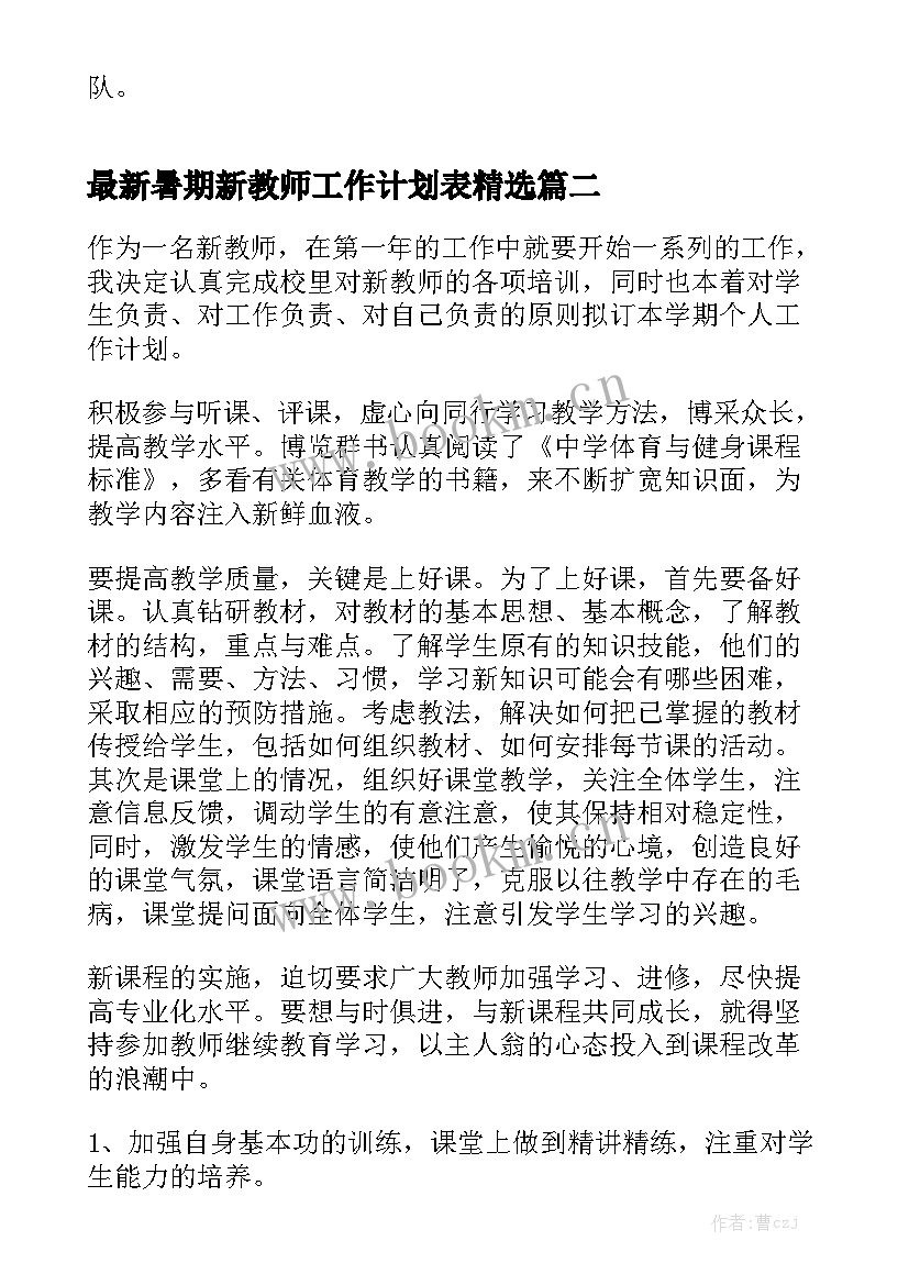 最新暑期新教师工作计划表精选