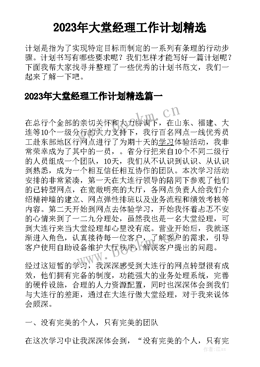 2023年大堂经理工作计划精选