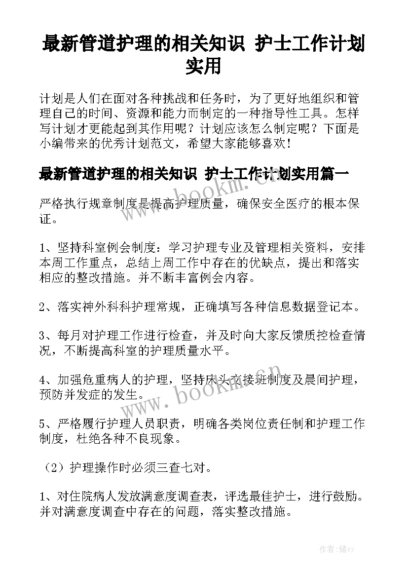 最新管道护理的相关知识 护士工作计划实用