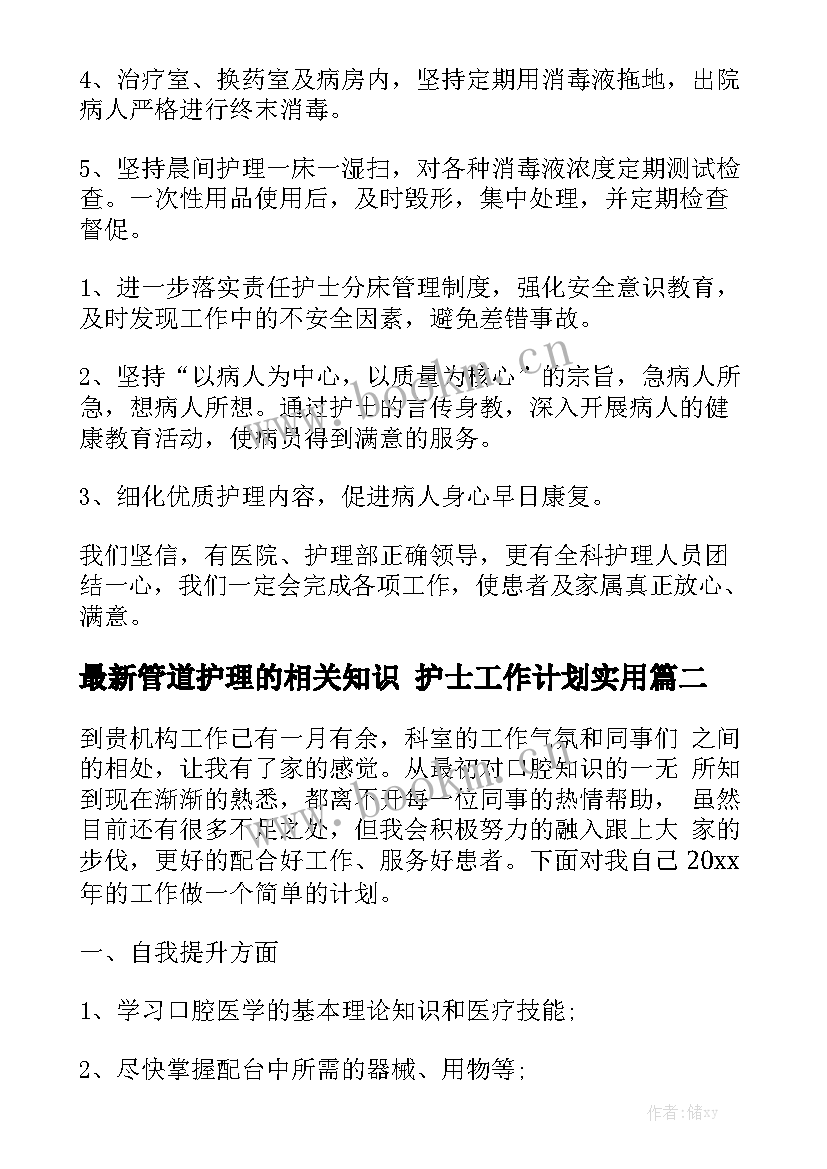 最新管道护理的相关知识 护士工作计划实用